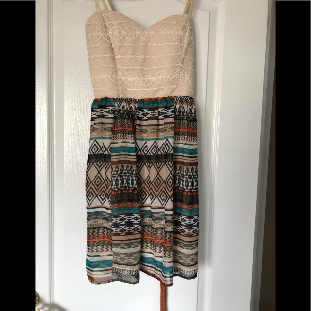 Dress with lace top and Aztec patterned bottom.